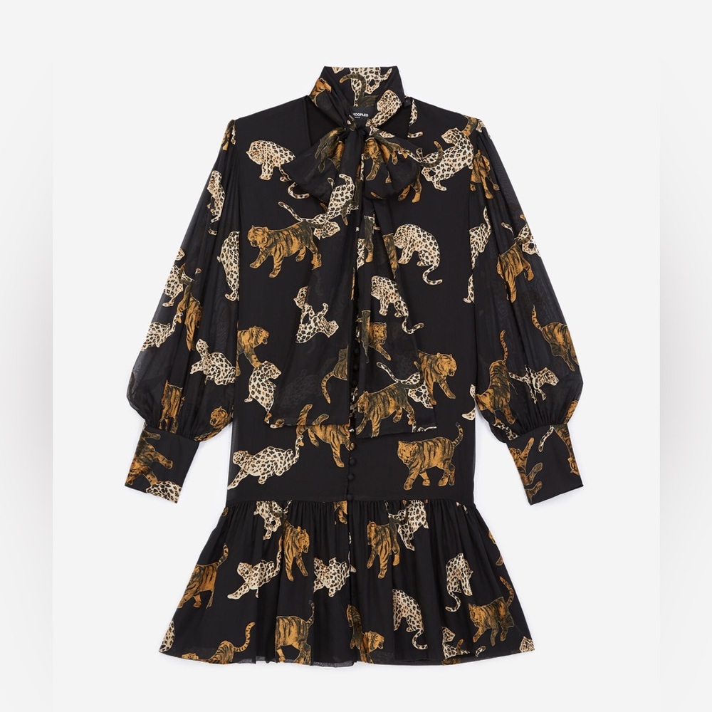THE KOOPLES Short Black Dress with Leopard Print - Picture 1 of 7